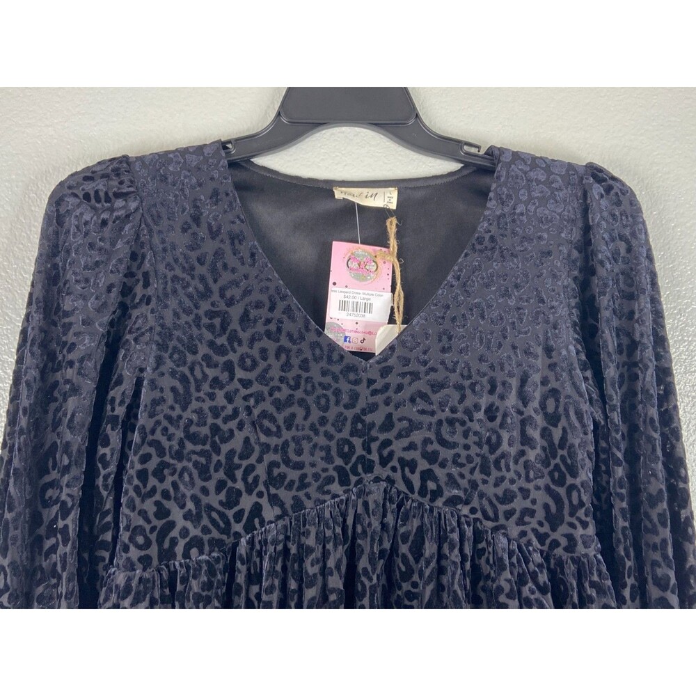 New In Collection Women Large Mini Dress Black Leopard Pattern Flow Skirt NWT - Picture 2 of 8
